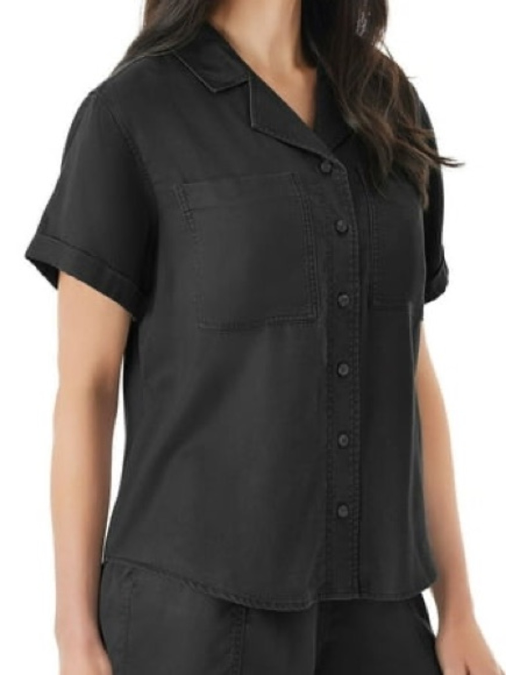 Black Short Sleeve Button-Down Shirt with Patch Pockets